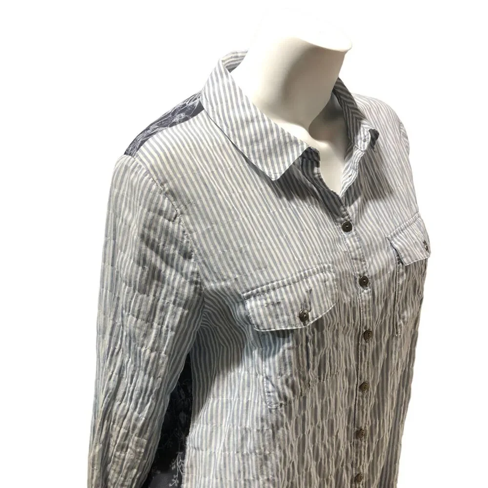 Free People Party in‎ The Back Striped Sheer Floral Shirt Blouse Top Button Sz M